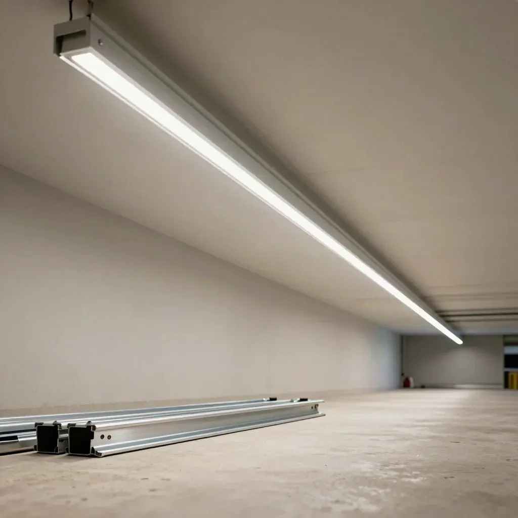 File di luci LED illuminate in un capannone, viste dal basso lungo il soffitto.