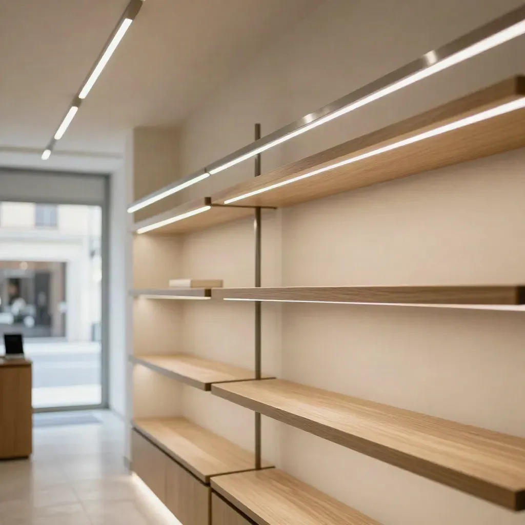 Interno boutique illuminato da LED lineari sul soffitto e bagliore bianco dalla vetrina.