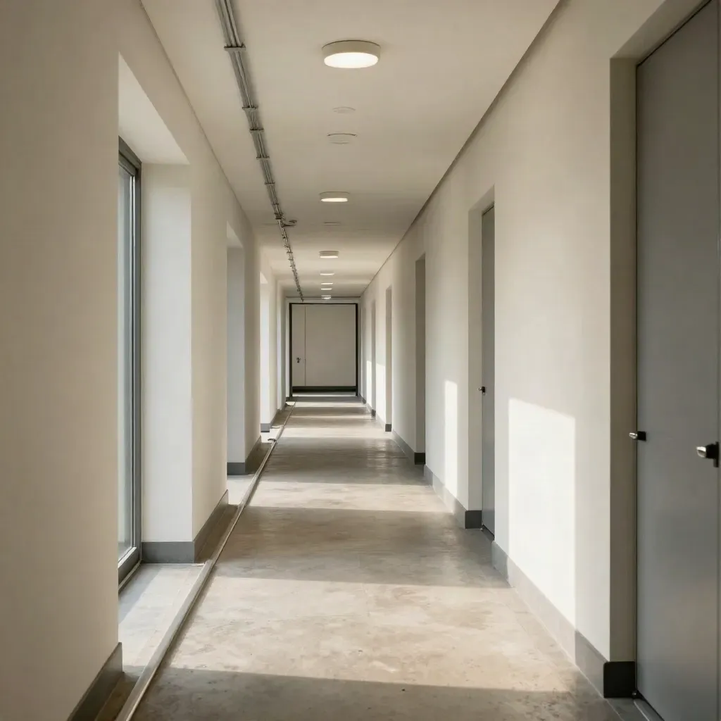Corridoio ufficio a Milano, luci riattivate e sportello tecnico chiuso dopo il guasto risolto.