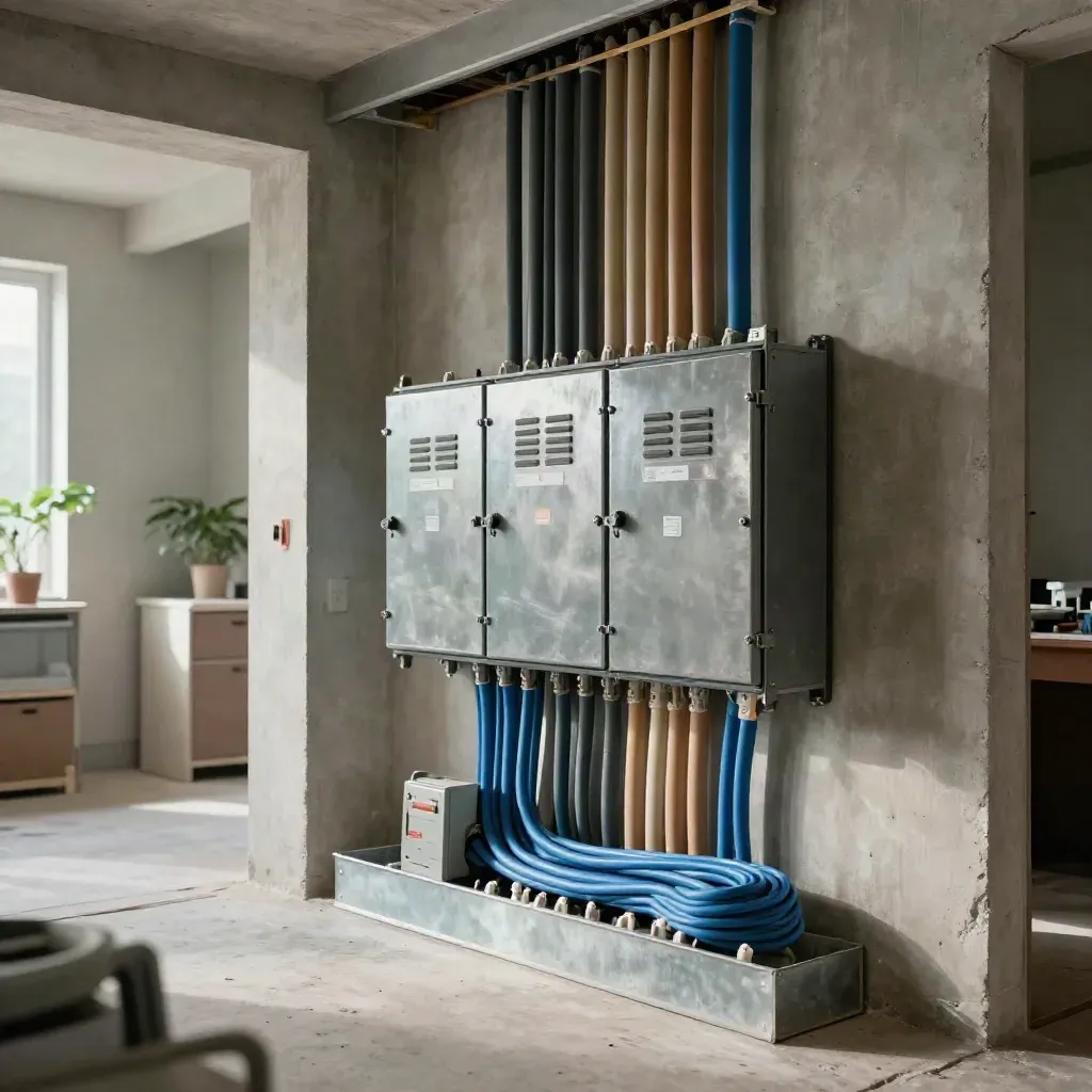 Locale elettrico condominiale con quadro sigillato, canaline ordinate e strumenti di verifica.