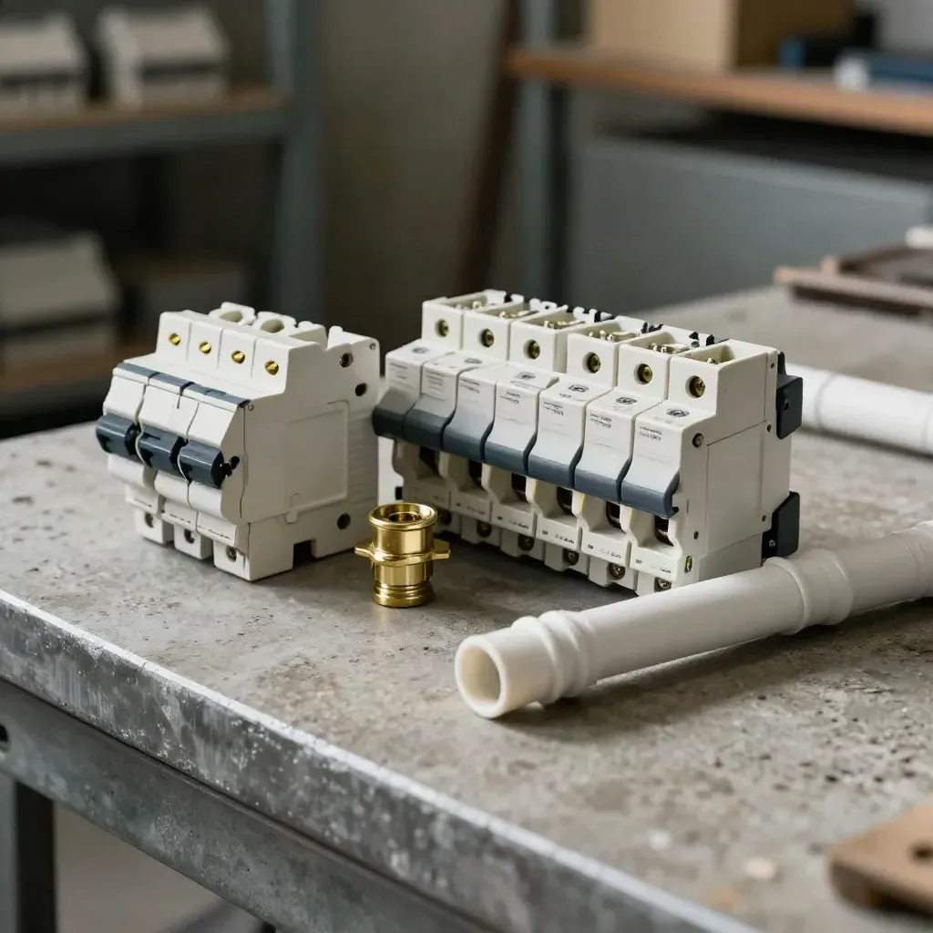Interruttori modulari, fermagli DIN e tubi bianchi su lastra di cemento, in luce drammatica