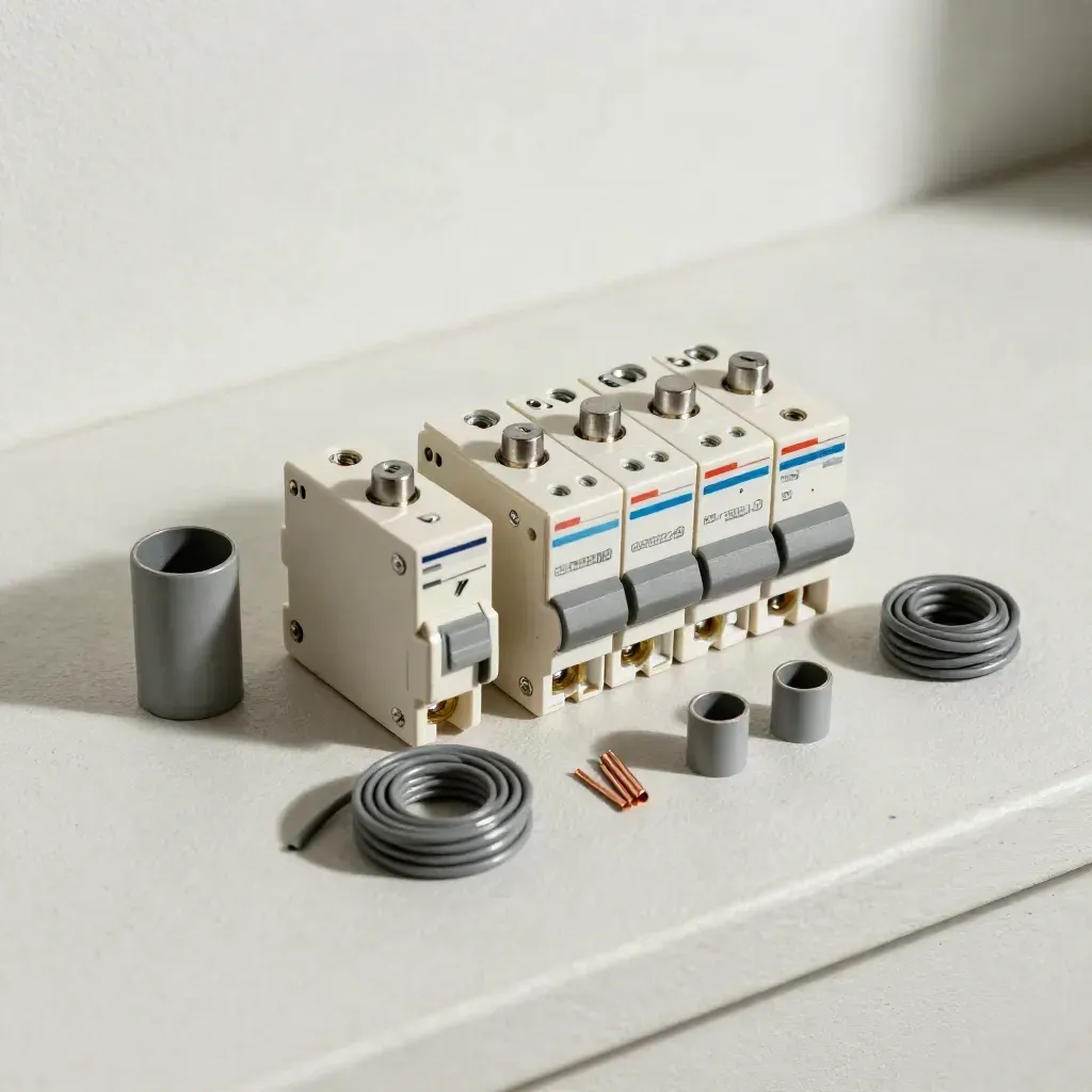 Kit elettrico ordinato con interruttori, tubi e cavi su sfondo chiaro.