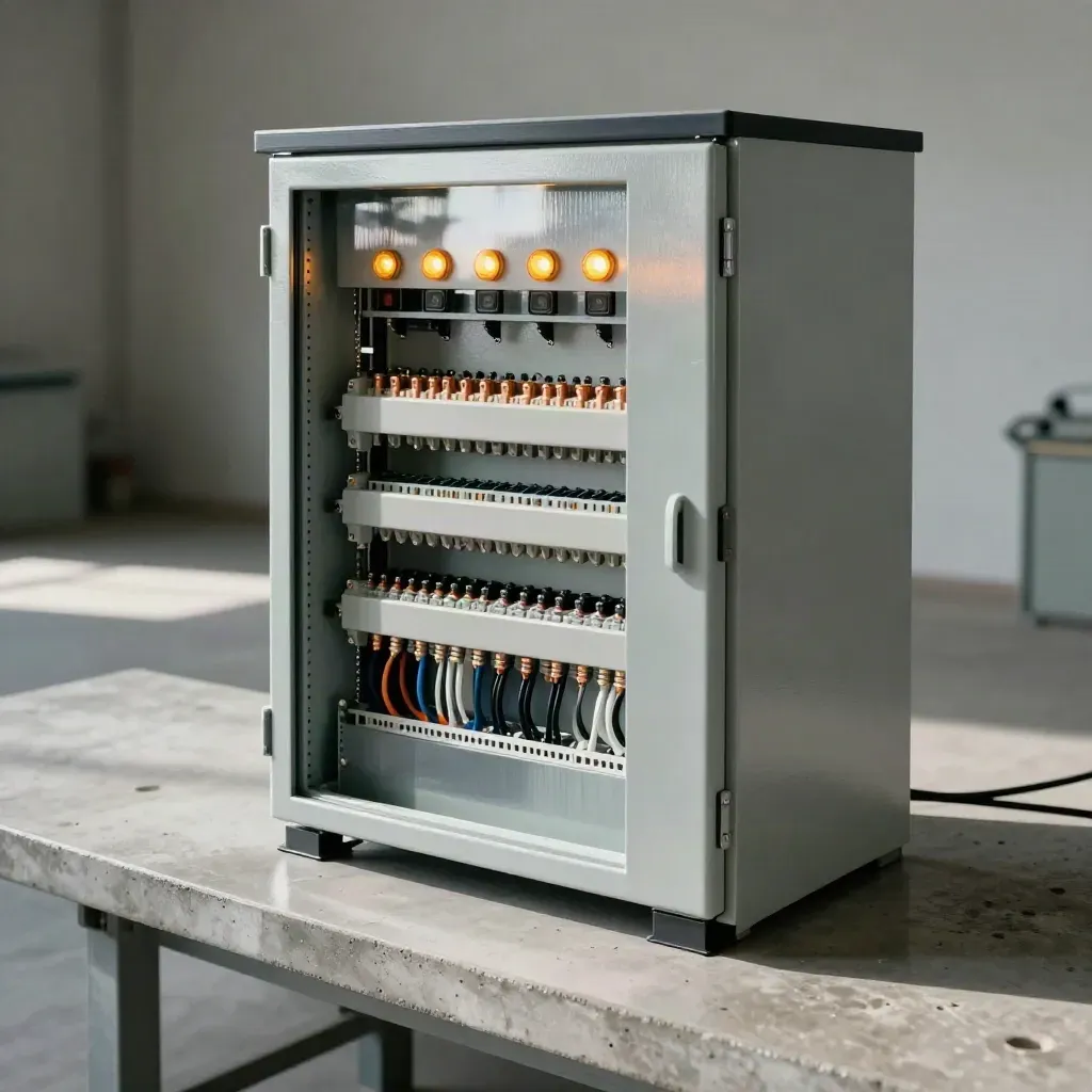 Quadro elettrico finito con spie ambra e connettori ordinati su cemento chiaro.