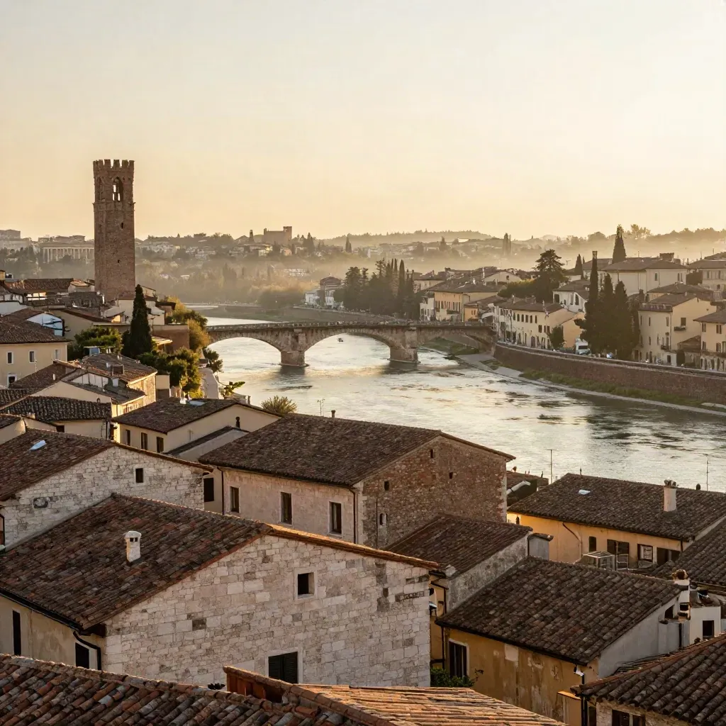 Veduta di Verona all’alba dorata con tetti in pietra e fiume in primo piano