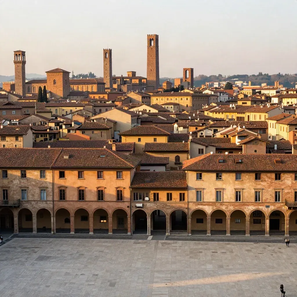 Portici di Bologna e tetti in terracotta con piazza chiara e vuota al tramonto