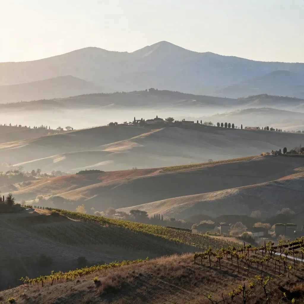 Colli piemontesi al tramonto con Torino lontana e Alpi velate nella foschia.